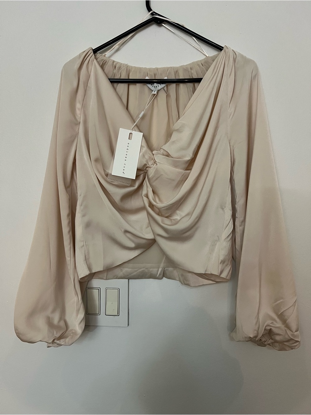 Endless Rose Draped Satin Blouse in Light Beige